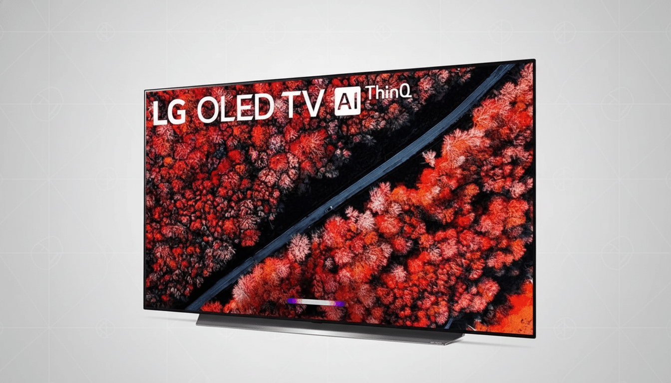 A sleek LG OLED TV with AI ThinQ branding, displaying a vibrant aerial view of a forest with red and orange foliage, set against a professional gray background with subtle grid patterns.