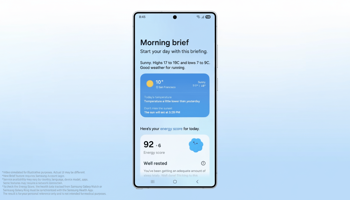 A smartphone displaying a Morning brief with weather information, temperature, and an energy score of 92.6, indicating Well rested. The phone is centered on a light blue background with a subtle gradient.