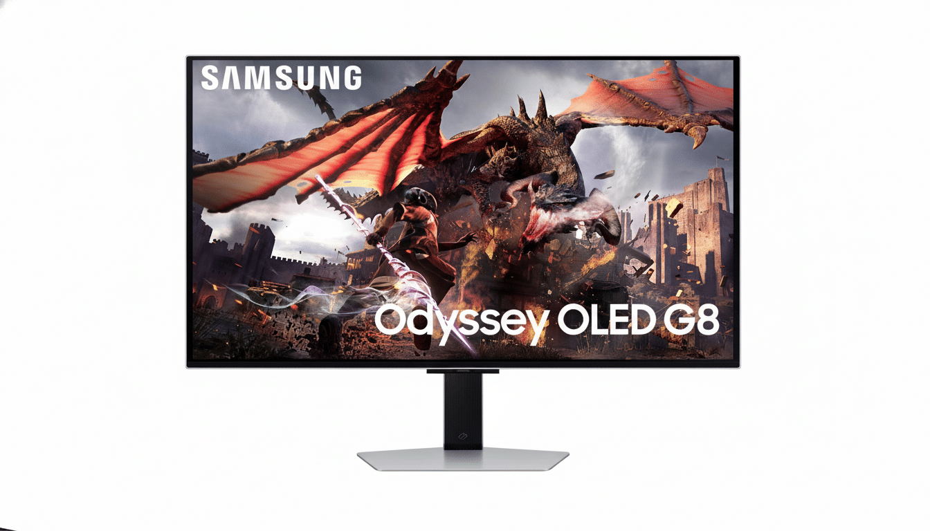 A Samsung Odyssey OLED G8 gaming monitor displaying a fantasy scene with a dragon and a warrior, set against a white background.