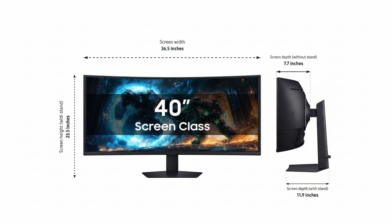 A 16:9 aspect ratio image of a 40-inch curved monitor with its dimensions labeled.