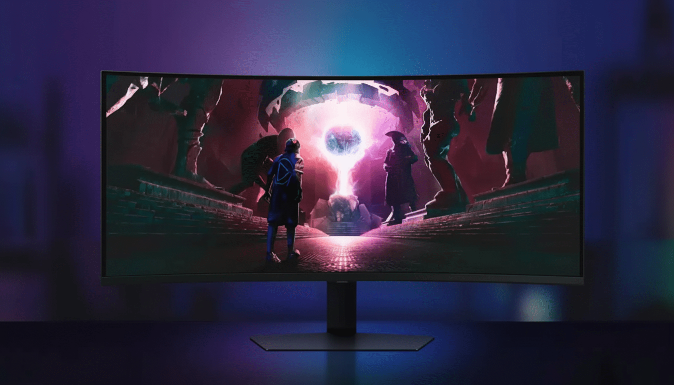 A curved gaming monitor displaying a vibrant video game scene with two characters facing a glowing orb.