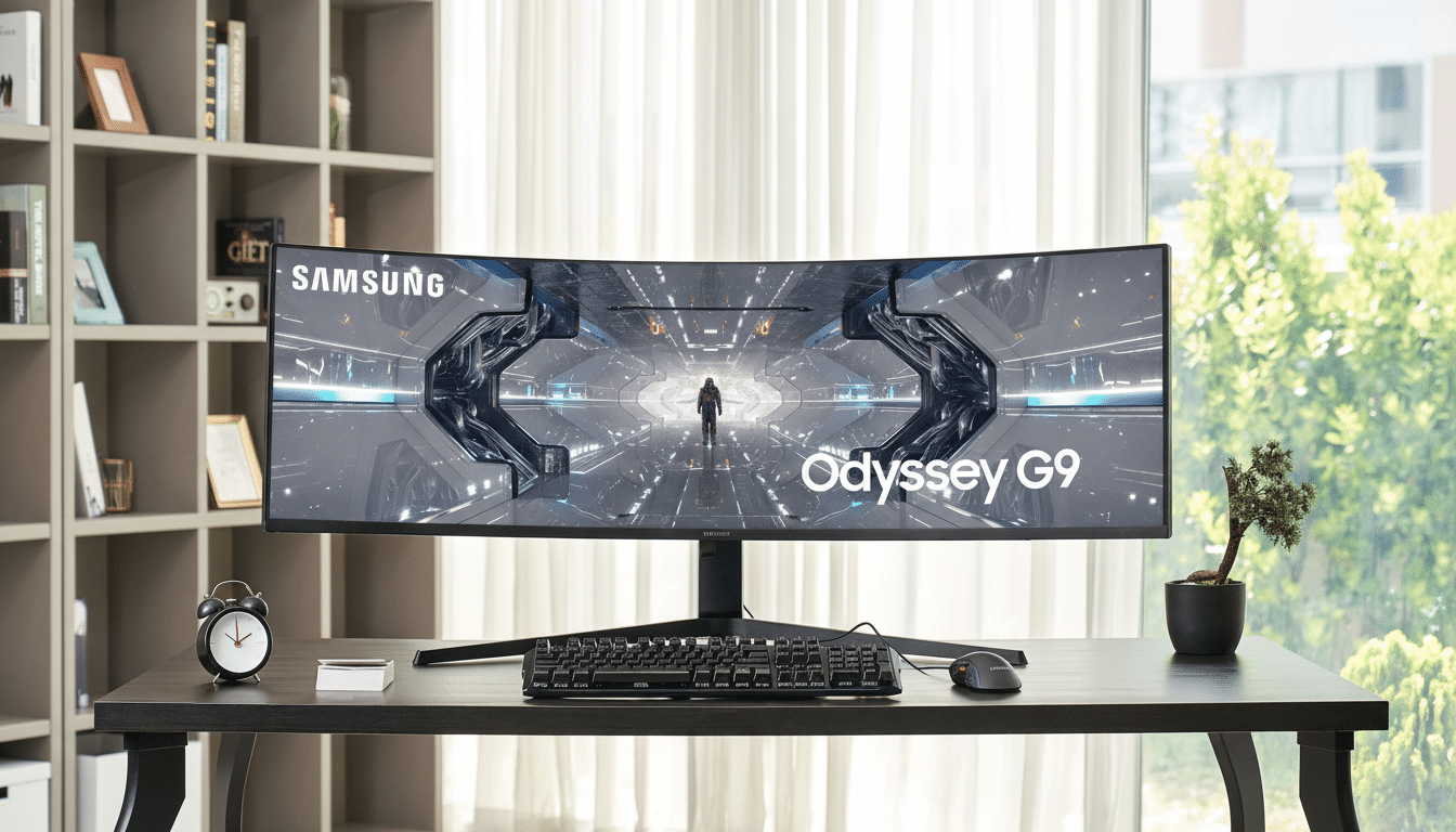 A Samsung Odyssey G9 monitor on a desk, resized to a 16:9 aspect ratio.
