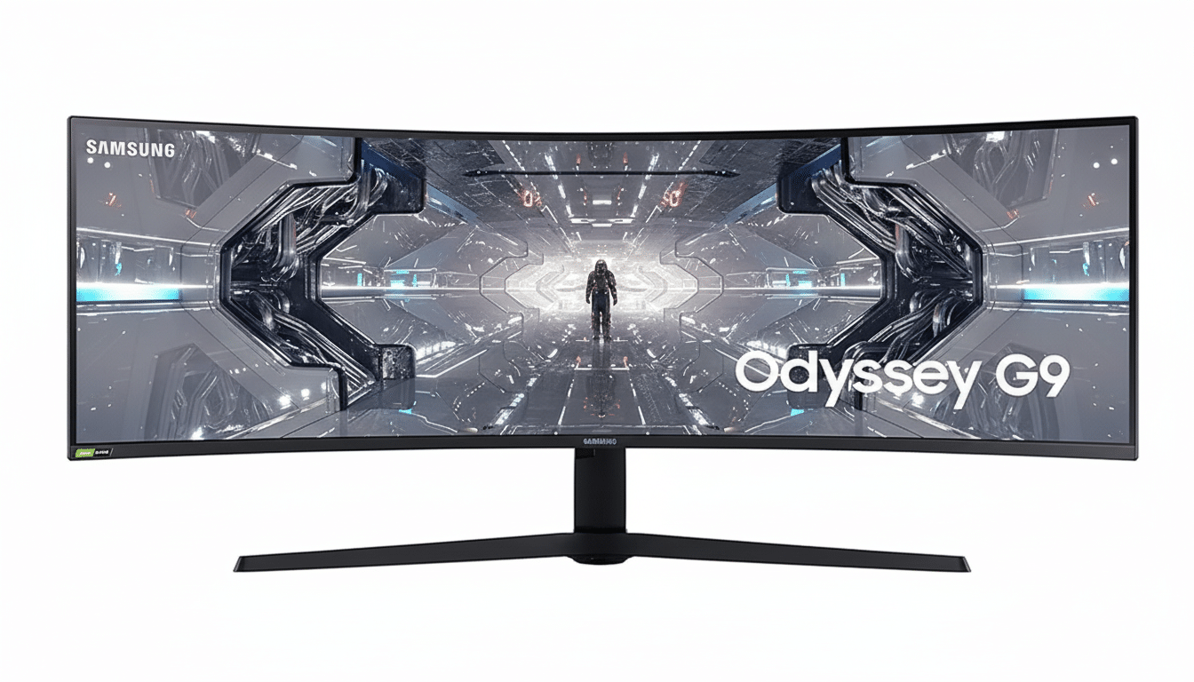 A Samsung Odyssey G9 curved gaming monitor displayed on a white background.