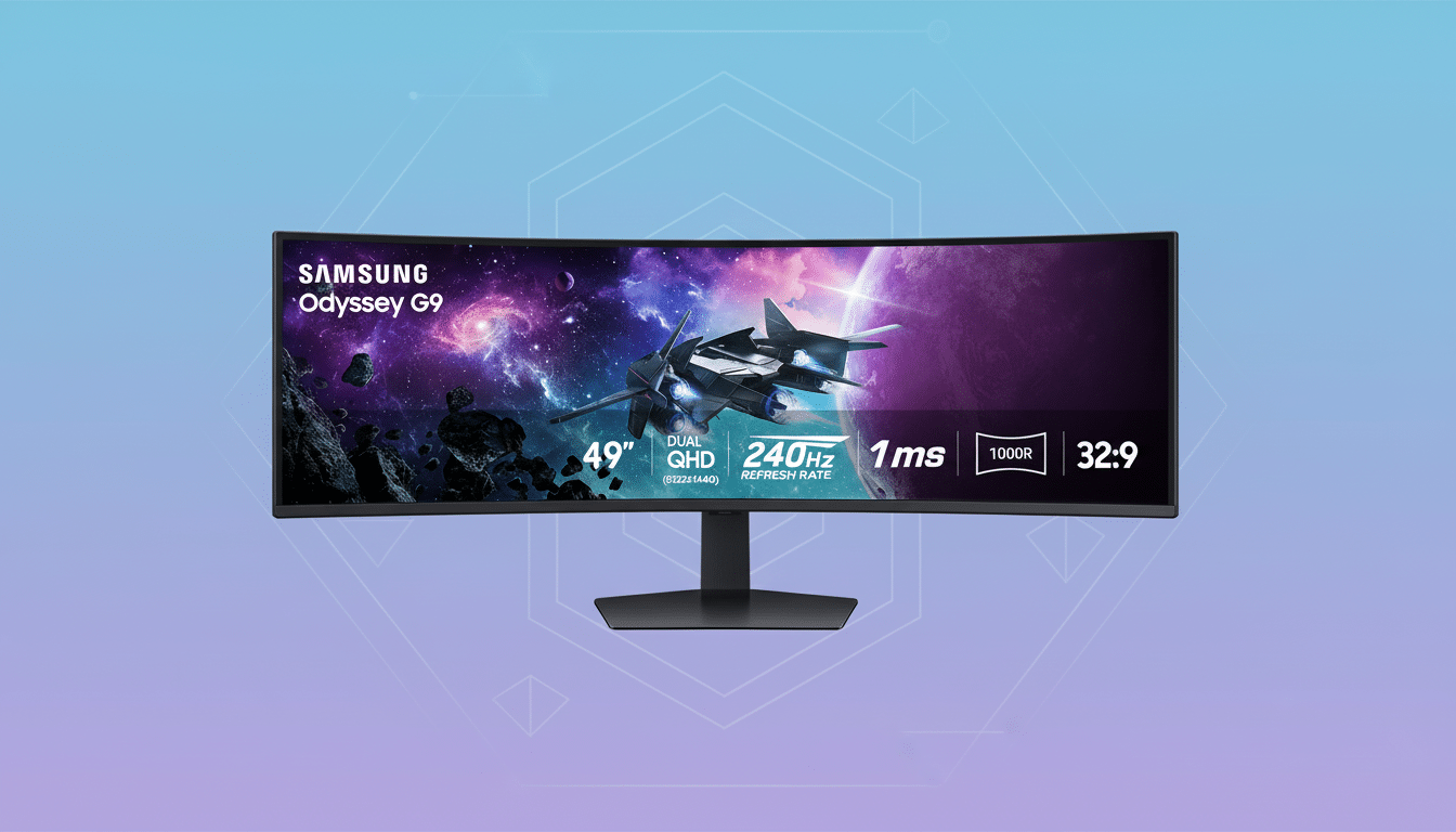 A Samsung Odyssey G9 monitor displayed on a professional flat design background with soft patterns and gradients.