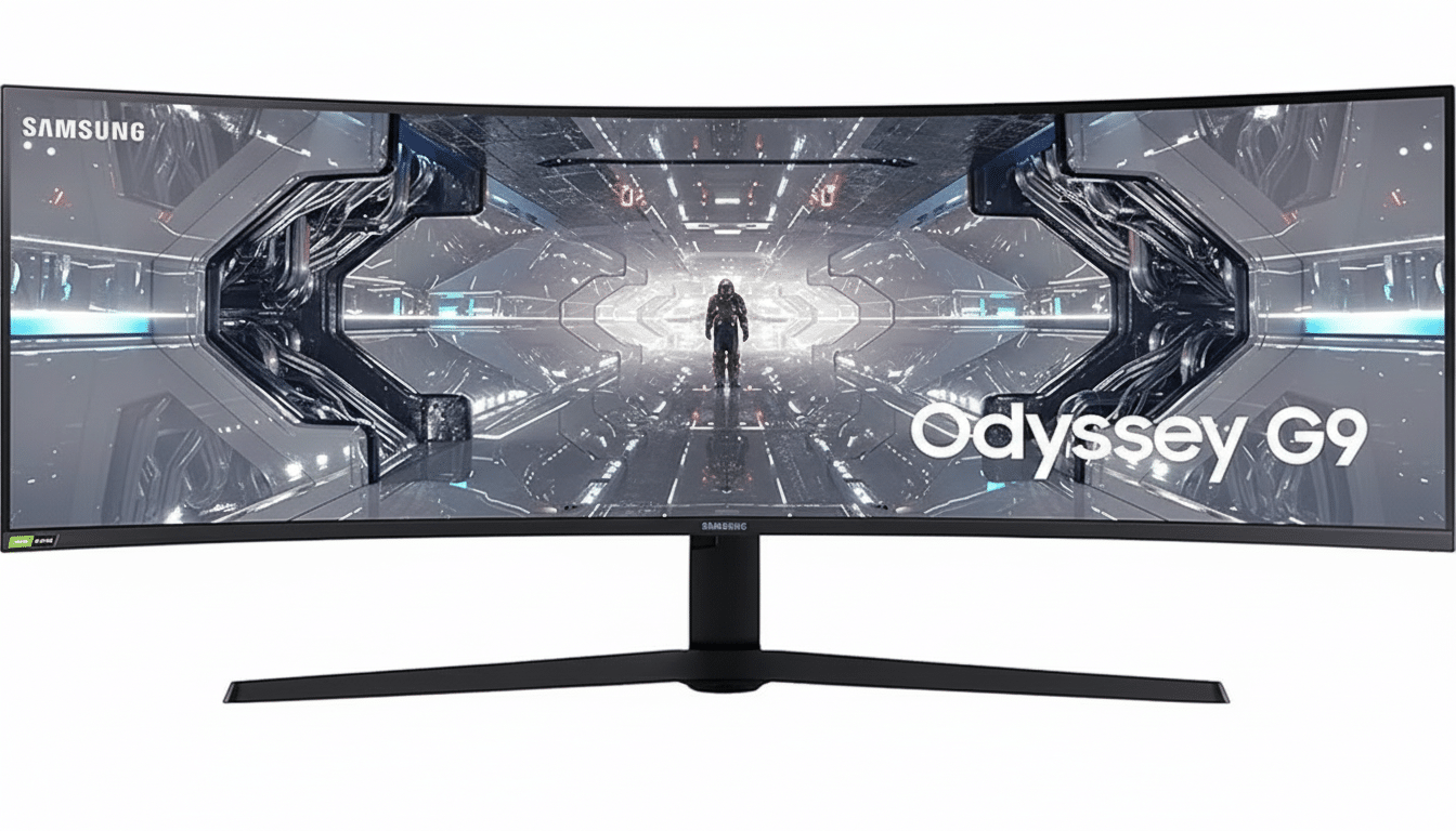 A Samsung Odyssey G9 curved gaming monitor displayed against a white background.