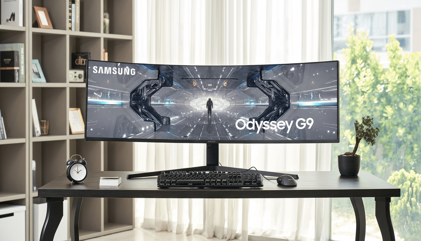 A Samsung Odyssey G9 monitor on a desk with a keyboard, mouse, and alarm clock.