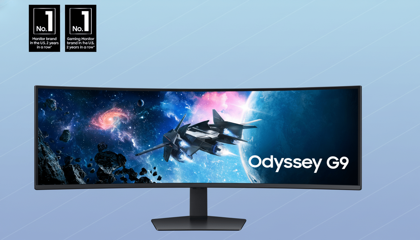 A Samsung Odyssey G9 gaming monitor displayed against a professional flat design background with soft blue gradients.