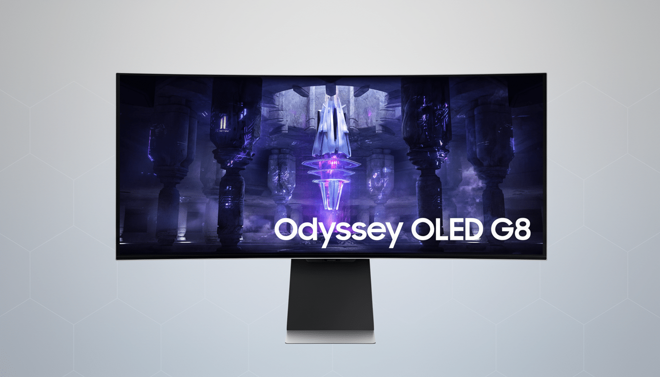 A Samsung Odyssey OLED G8 monitor displayed on a professional flat design background with soft patterns.