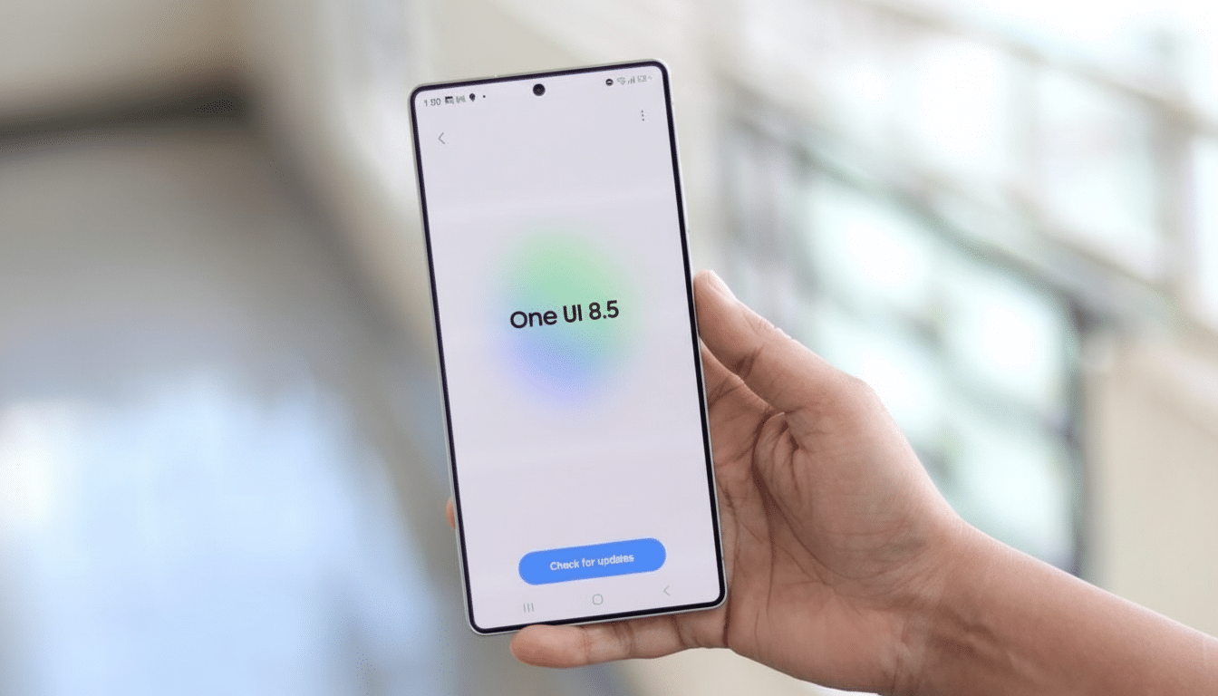 A hand holding a smartphone displaying One UI 8.5 and a Check for updates button, with a blurred background.