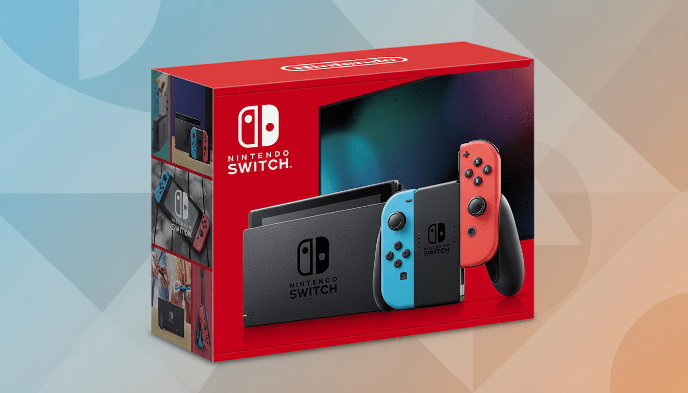 A Nintendo Switch console box with red, blue, and black Joy-Con controllers, set against a professional gradient background.