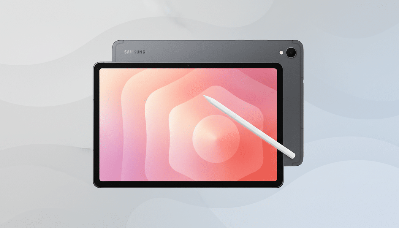A Samsung tablet and S Pen are displayed against a professional flat design background with soft gray and blue gradients.