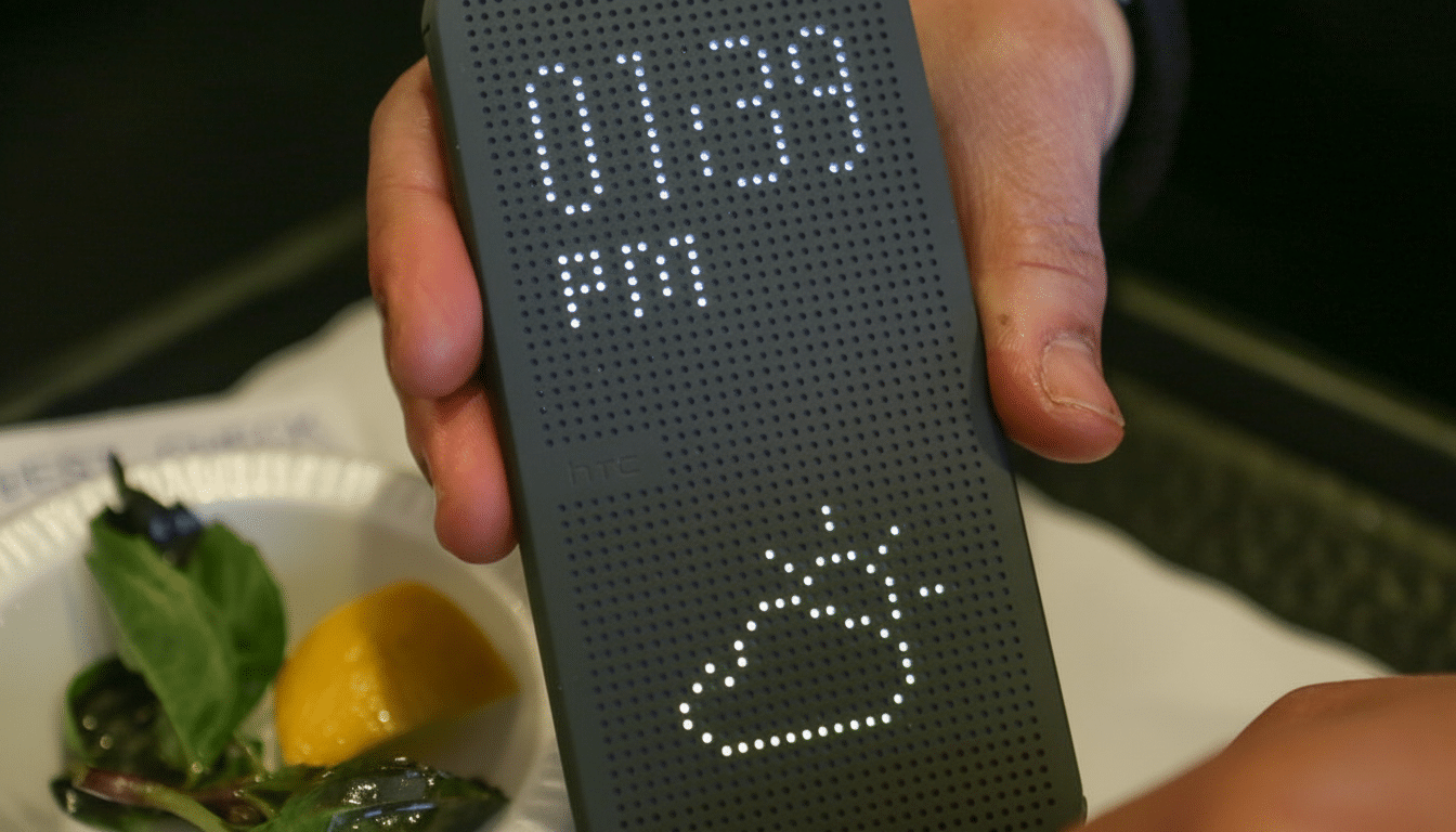 A close-up shot of a person holding an HTC smartphone with a dot-matrix display showing the time 01:39 PM and a cloud icon, with a small side salad in a white bowl visible in the foreground.