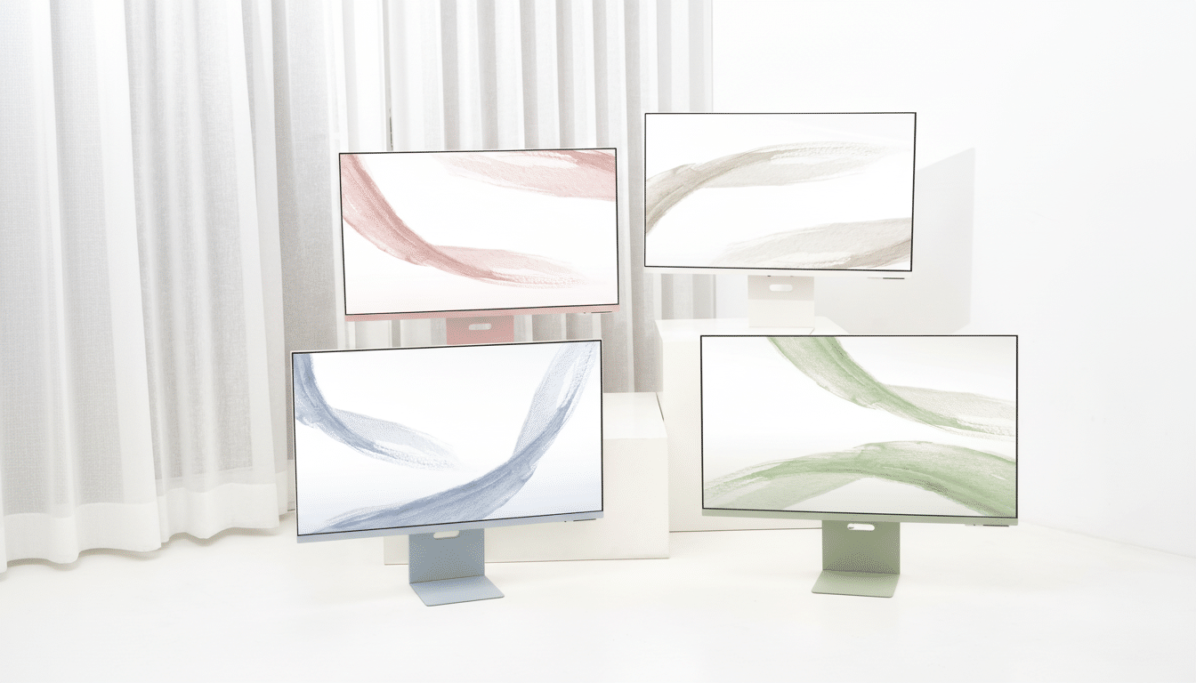 Four monitors with colorful abstract art on their screens are arranged in a bright, minimalist room with white walls and sheer white curtains.