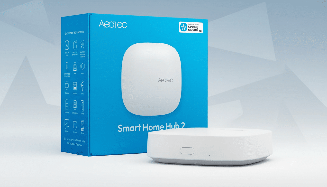 A 16:9 aspect ratio image of the Aeotec Smart Home Hub 2 box and the hub itself, presented on a professional flat design background with soft gradients.