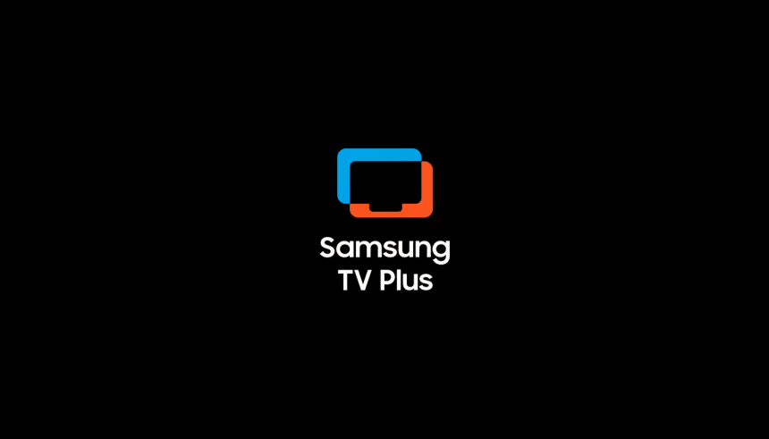 The Samsung TV Plus logo, featuring two overlapping stylized television screens in blue and orange, above the text Samsung TV Plus in white, all on a black background.