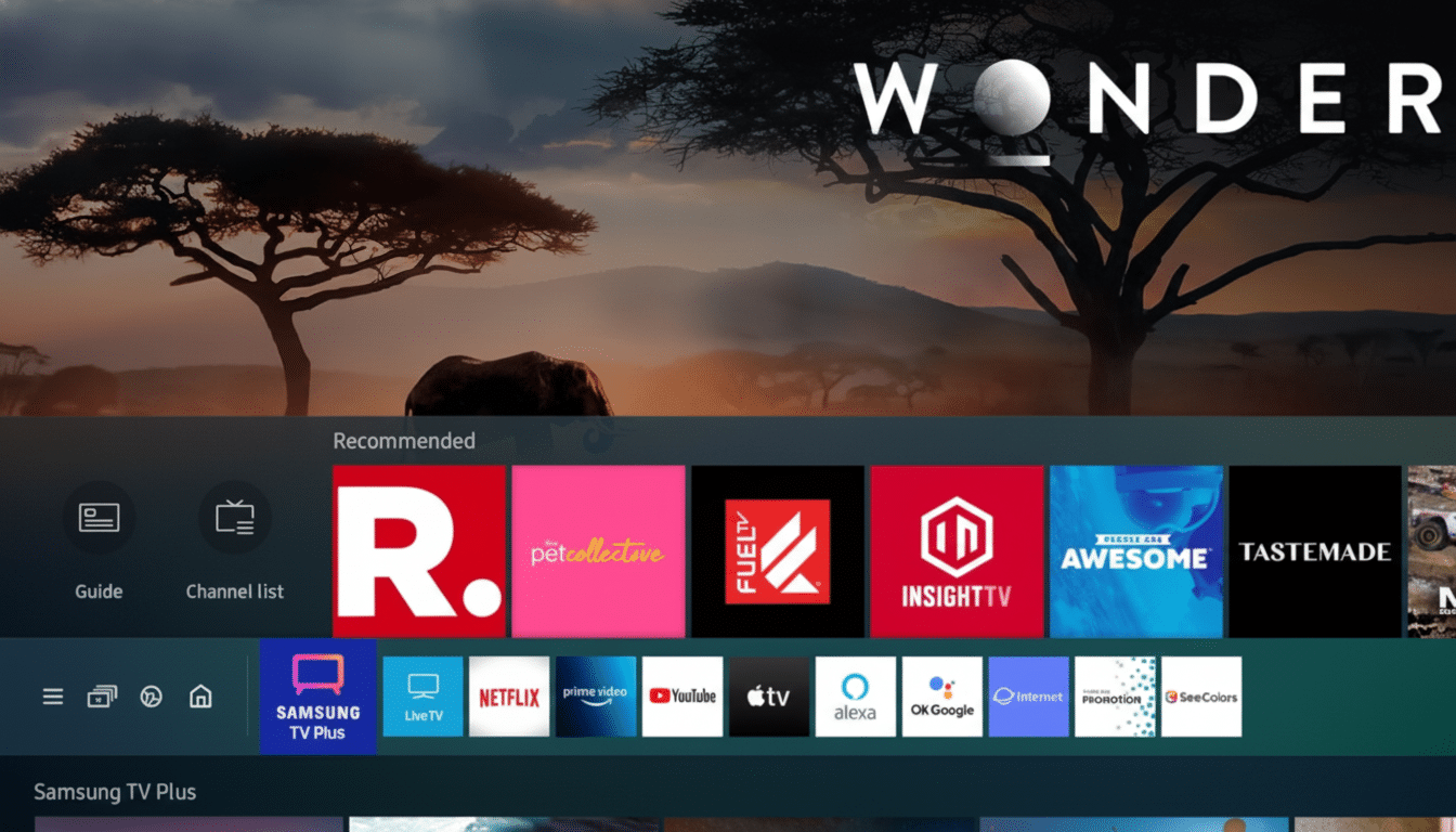 A Samsung smart TV interface displaying various app icons and a background image of a savanna sunset with the word WONDER at the top.