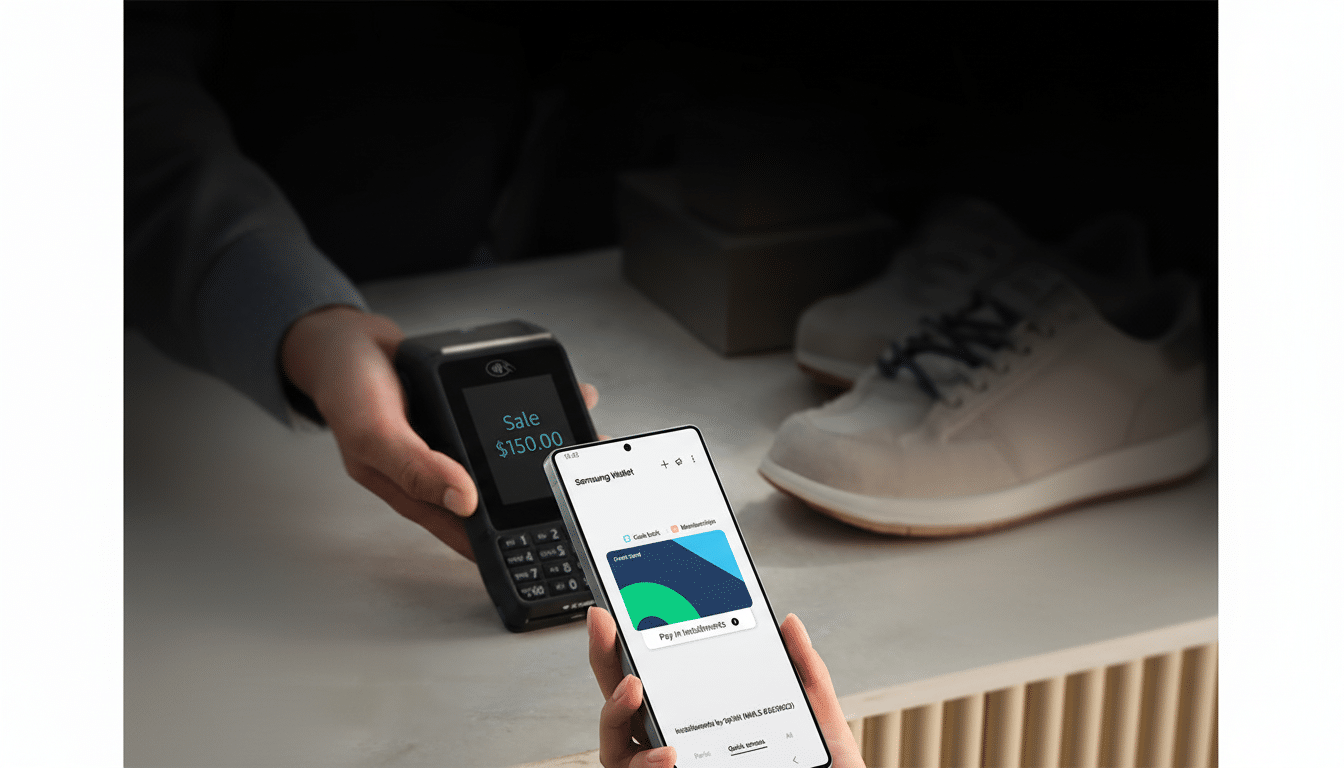 A person holding a smartphone displaying the Samsung Wallet app with a credit card graphic, while another person holds a payment terminal showing a $150.00 Sale amount.