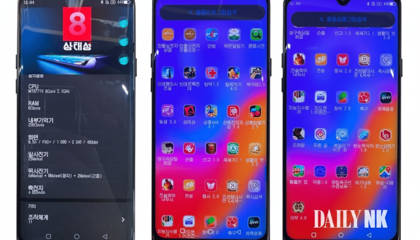 A 16:9 aspect ratio image showing three smartphone screens side-by-side. The left screen displays device specifications, while the middle and right screens show app icons and text in a foreign language, with a DAILY NK watermark on the bottom right.