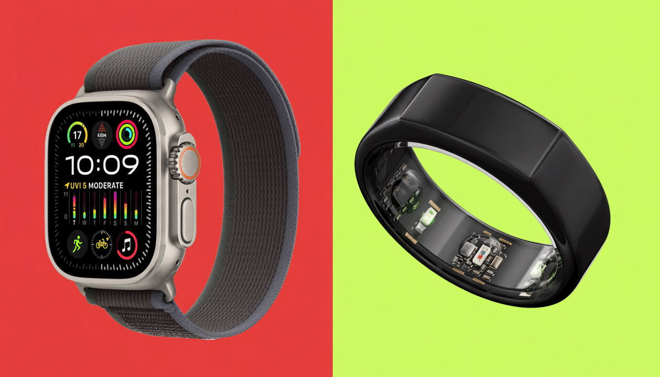 A split image showing an Apple Watch Ultra on a red background and a black smart ring with visible internal components on a green background.