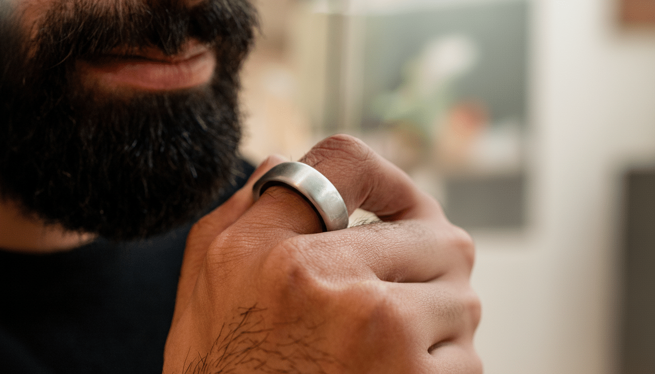 A close-up, 16:9 aspect ratio image of a person with a beard wearing a silver ring on their finger, with the original background maintained.