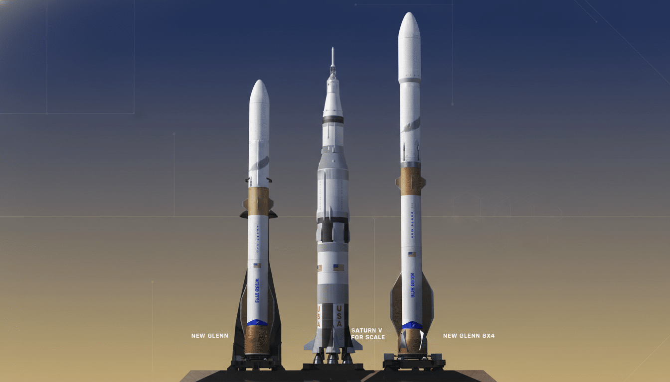 Blue Origin New Glenn vs Saturn V size comparison, super-heavy rocket scale illustration