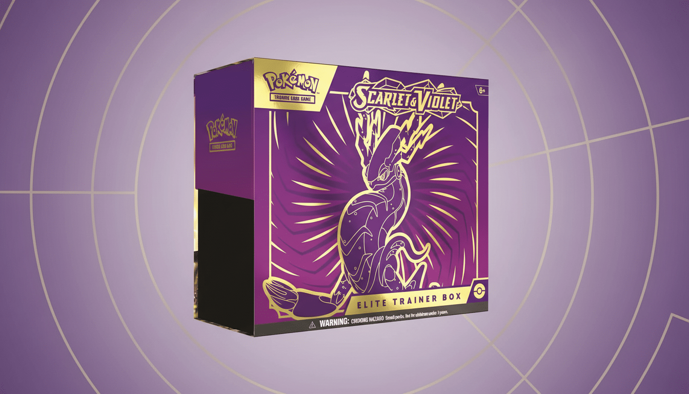 A Pokémon Scarlet & Violet Elite Trainer Box, featuring a purple and gold design with a stylized legendary Pokémon, presented on a professional purple background with subtle circular patterns.