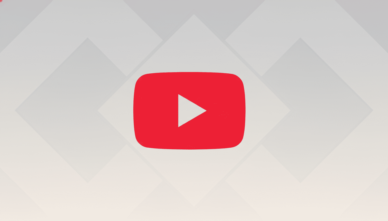 The YouTube logo, a red play button icon, centered on a professional light gray background with subtle geometric patterns.