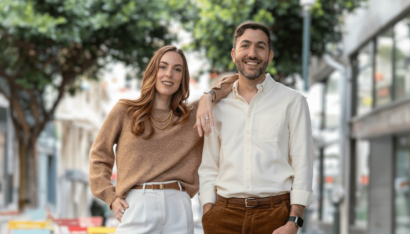 A man and a woman standing side-by-side on a street, smiling at the camera. The woman has long brown hair and is wearing a brown sweater and white pants. The man has a beard and is wearing a cream-colored button-down shirt and brown corduroy pants. Trees and buildings are blurred in the background.