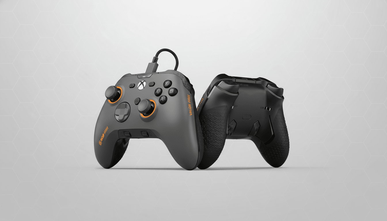 A professional image of a dark grey Xbox controller with orange accents, presented in a 16:9 aspect ratio on a light grey background with subtle hexagonal patterns.