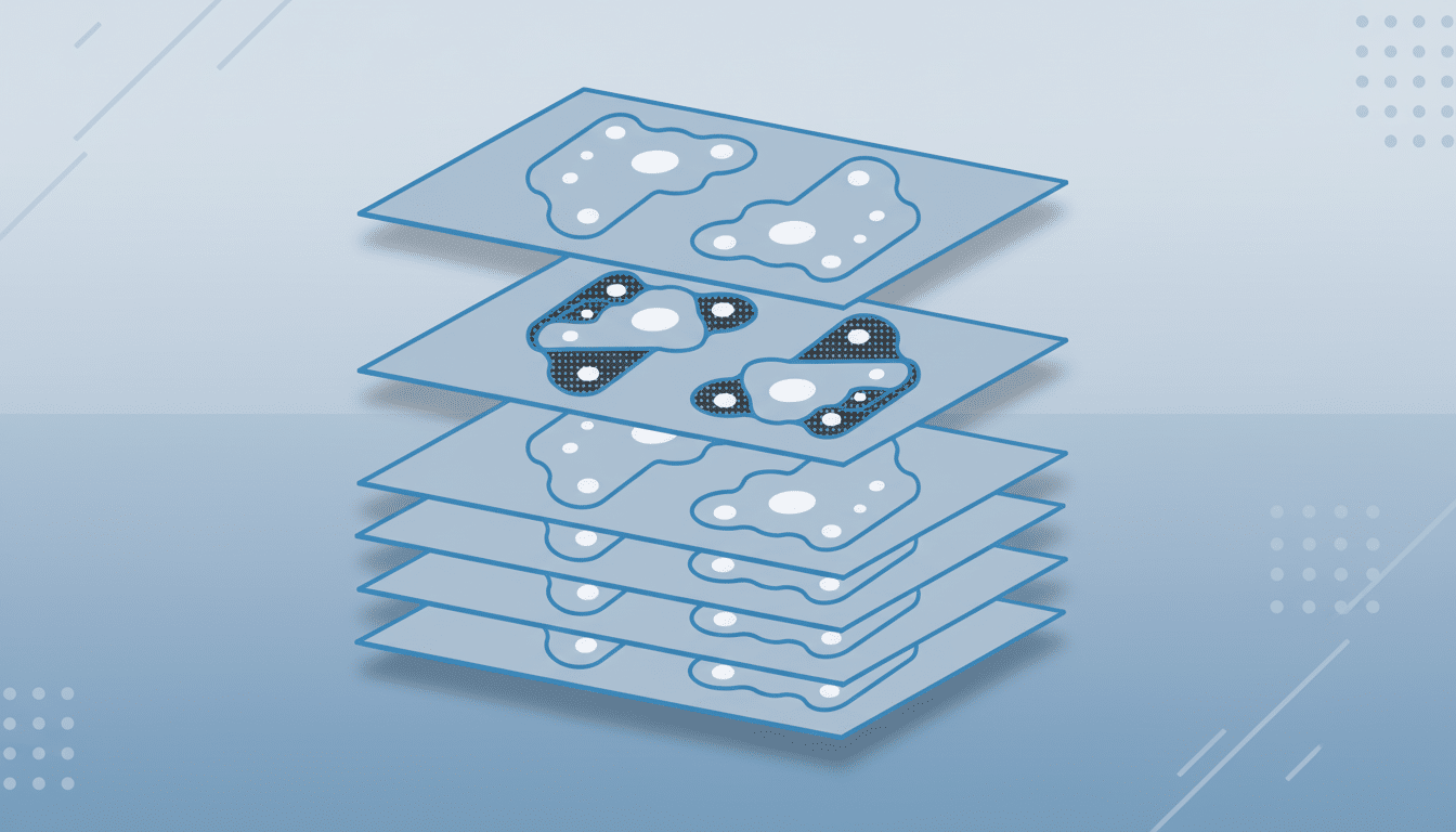 A stack of five light blue rectangular layers, each with irregular white and black shapes, presented on a professional flat design background with soft patterns and gradients.