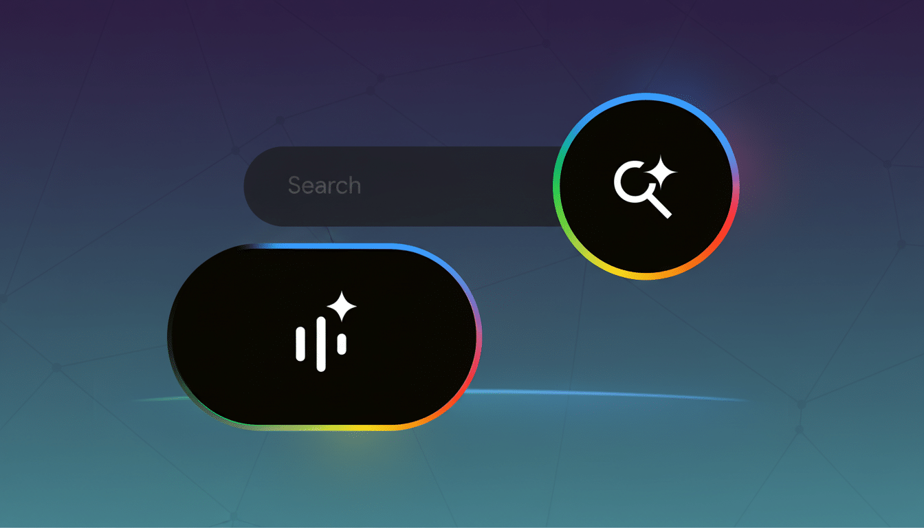 A dark search bar with the word Search and two buttons, one with a magnifying glass and a sparkle, and the other with a sparkle and three vertical lines, all set against a professional flat design background with soft patterns and gradients.