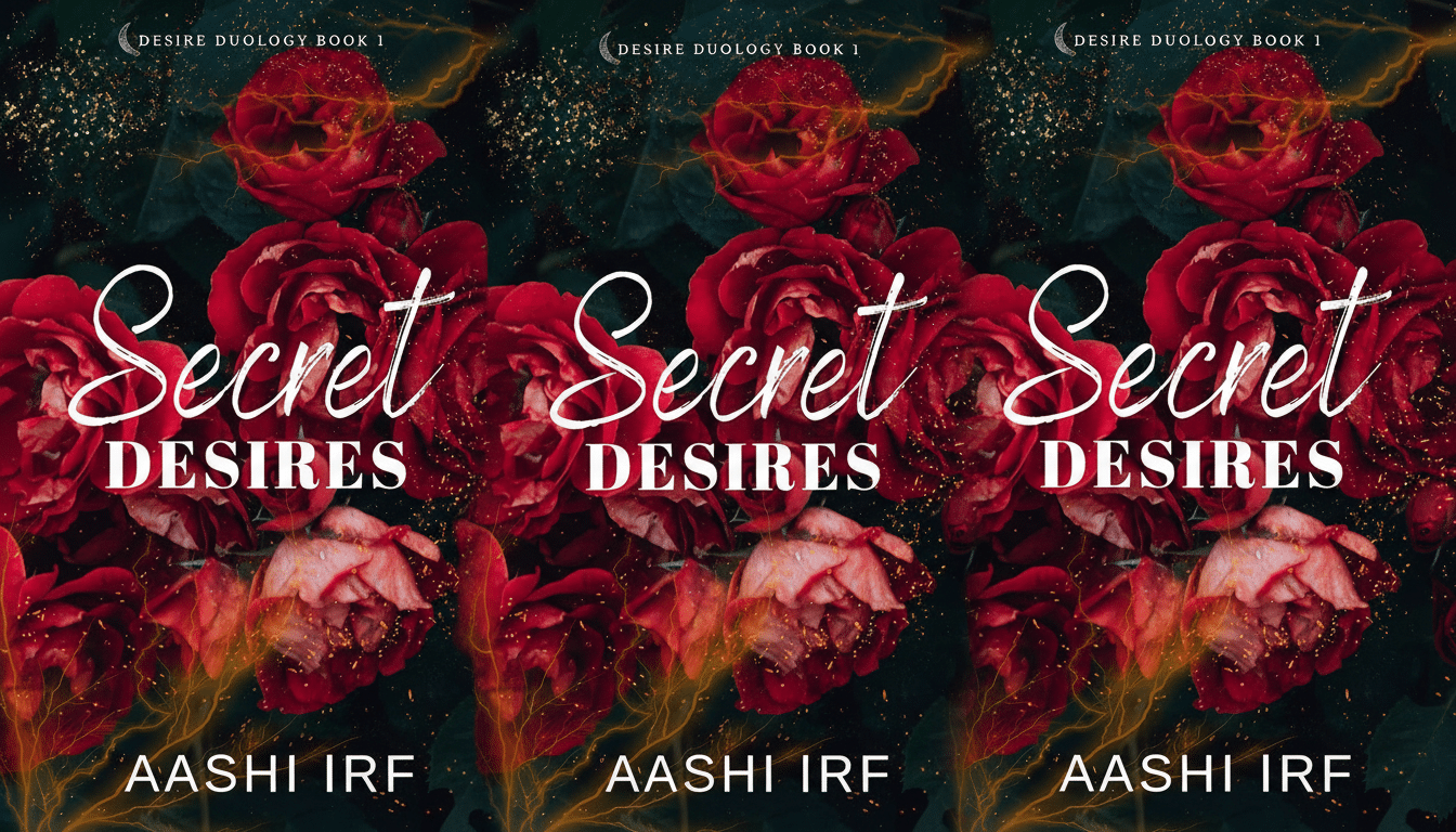 The book cover for Secret Desires by Aashi Irf, featuring red roses with golden sparks and lightning, resized to a 16:9 aspect ratio.