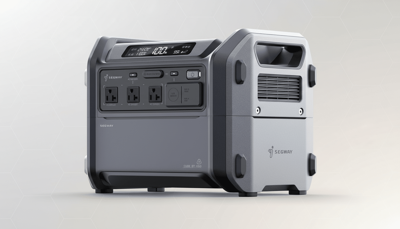 A professional, enhanced image of a Segway Cube BT-1000 portable power station, presented on a subtle gradient background with soft geometric patterns, resized to a 16:9 aspect ratio.