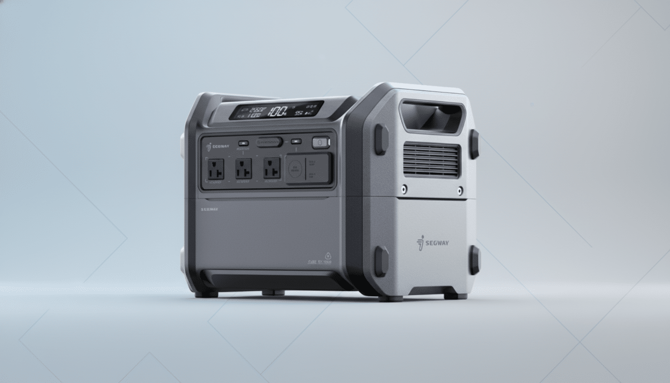 A professional 16:9 aspect ratio image of a gray Segway portable power station with a clean, light blue gradient background.