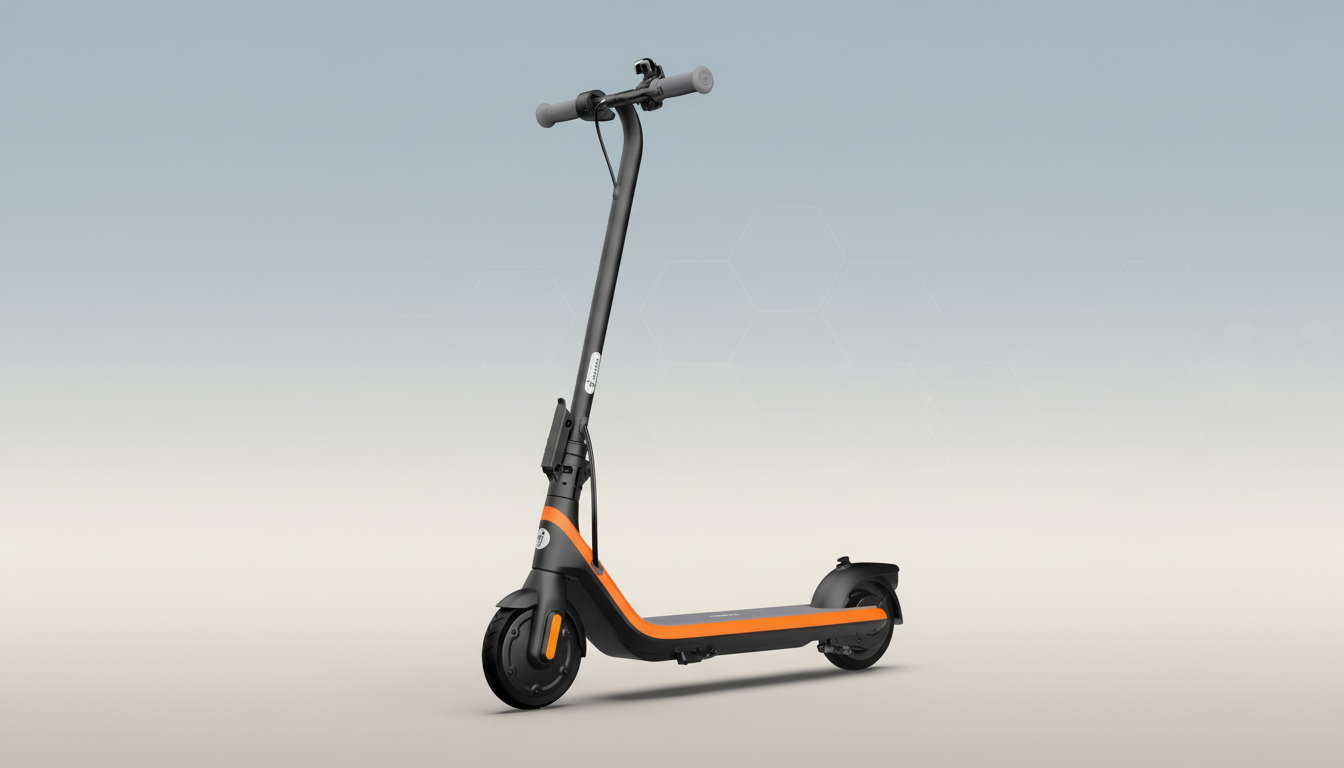 A black and orange electric scooter on a professional flat design background with soft patterns and gradients.