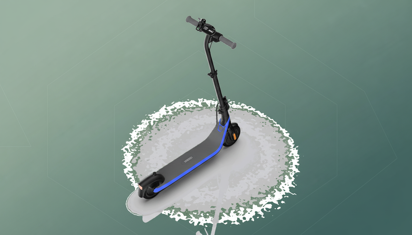A black and blue electric scooter with a professional flat design background featuring soft patterns and gradients.