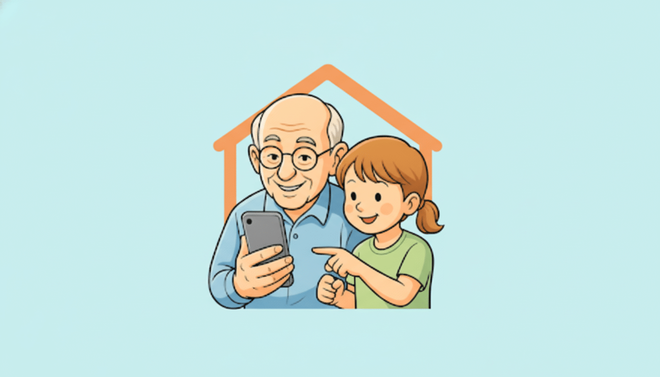 An illustration of an elderly man and a young girl looking at a smartphone, with a house outline in the background.
