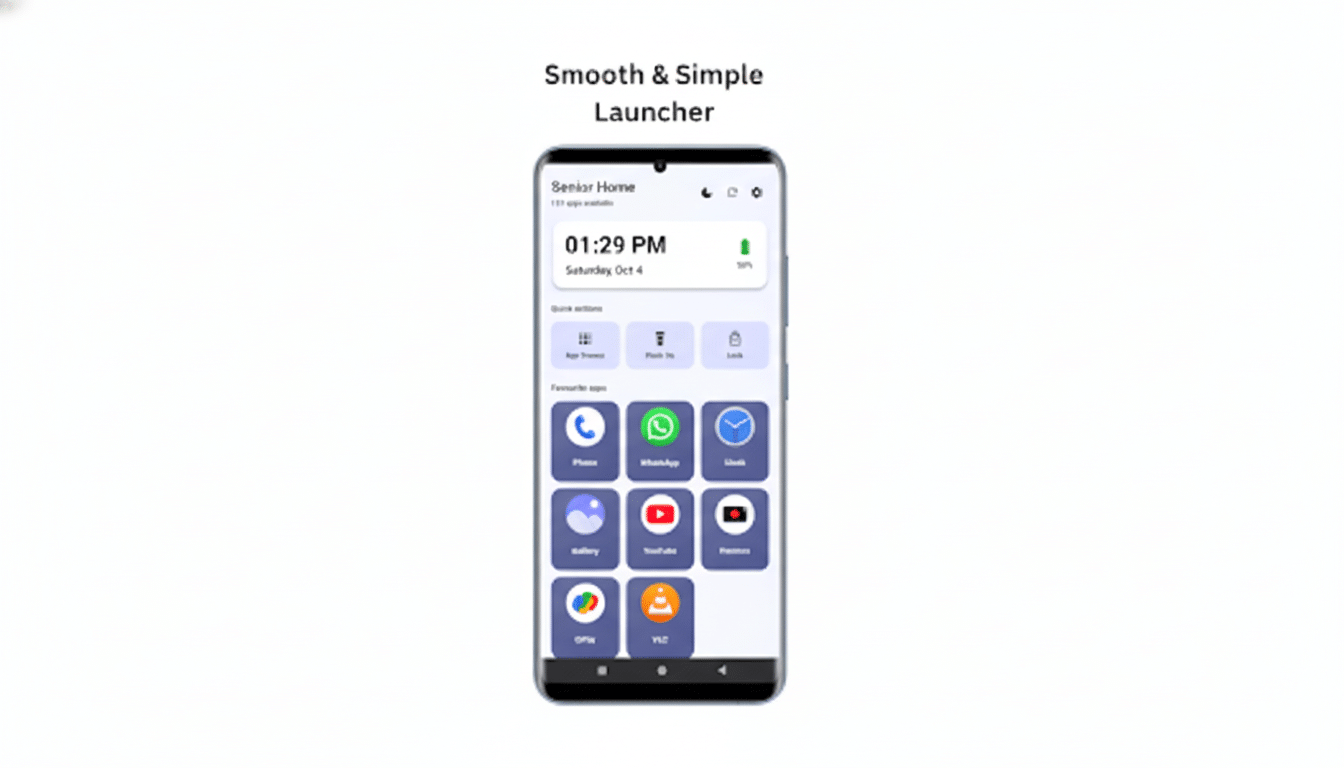 A smartphone displaying the Smooth & Simple Launcher interface, featuring large, easy-to-read icons for phone, WhatsApp, clock, gallery, YouTube, photos, QFX, and VLC, with a clean, minimalist design.