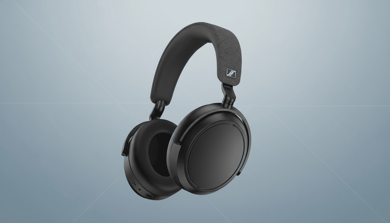 A pair of black Sennheiser headphones with a textured headband, presented on a professional flat design background with soft patterns and gradients.