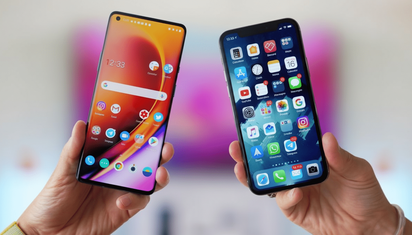 Two hands holding up two different smartphones, one with an Android interface and the other with an iOS interface, against a blurred background.