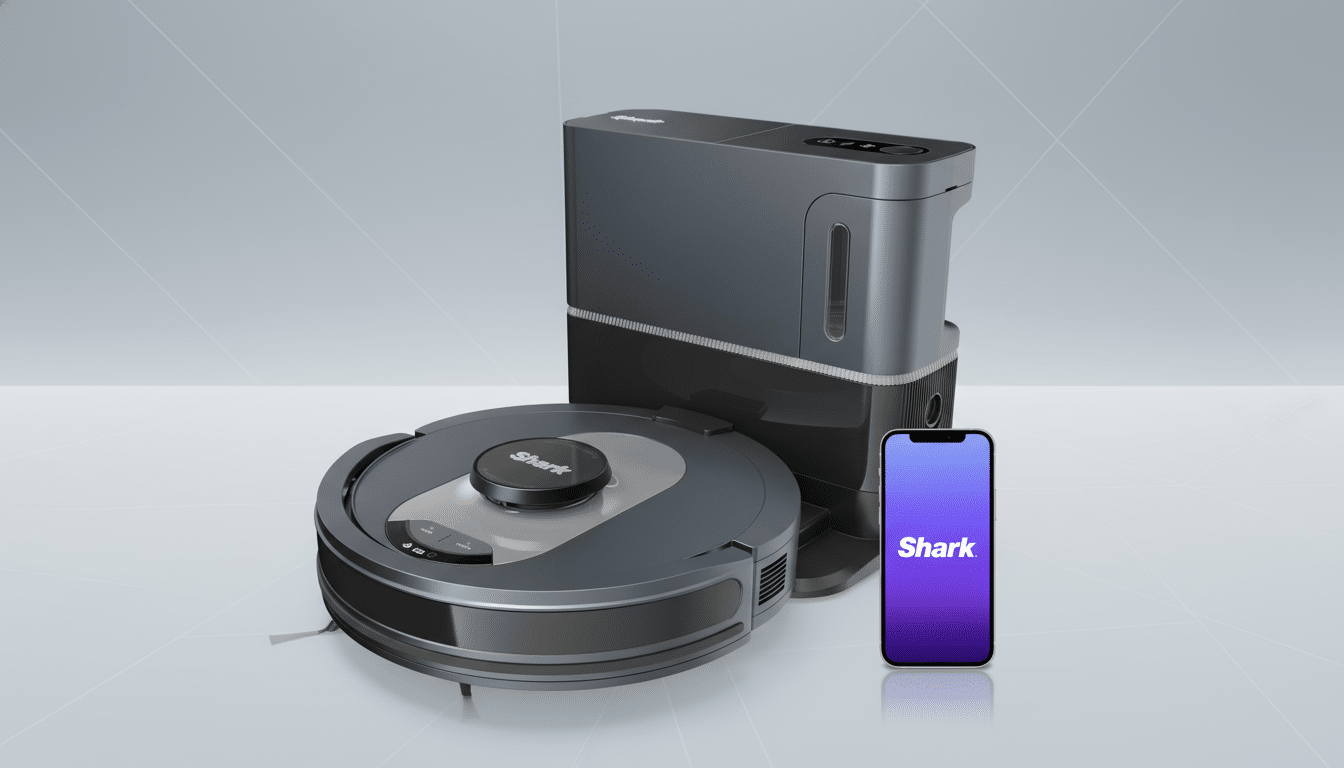 A Shark robot vacuum and its charging dock are displayed next to a smartphone showing the Shark app, all set against a professional flat design background with soft gradients.
