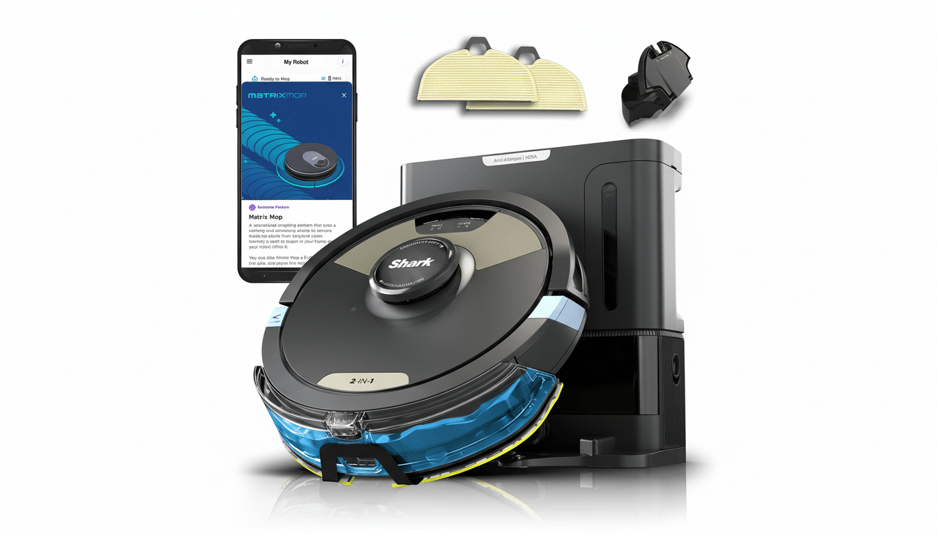 A Shark AI Ultra Robot Vacuum with a self-empty base, a smartphone displaying the Matrix Map feature, two replacement filters, and a cleaning tool, all presented on a white background.