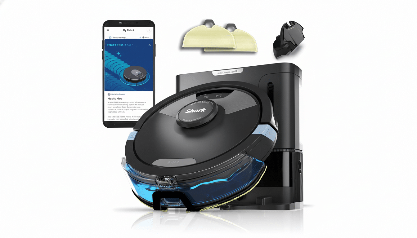 A Shark Matrix Robot Vacuum and Mop with its charging dock, two mop pads, and a cleaning tool, alongside a smartphone displaying the Matrix Mop app interface.