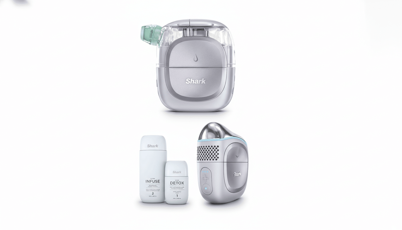 A 16:9 aspect ratio image featuring three Shark brand products: a grey and clear facial steamer with a green nozzle, and two white bottles labeled INFUSE and DETOX next to a grey and silver handheld device with blue accents.
