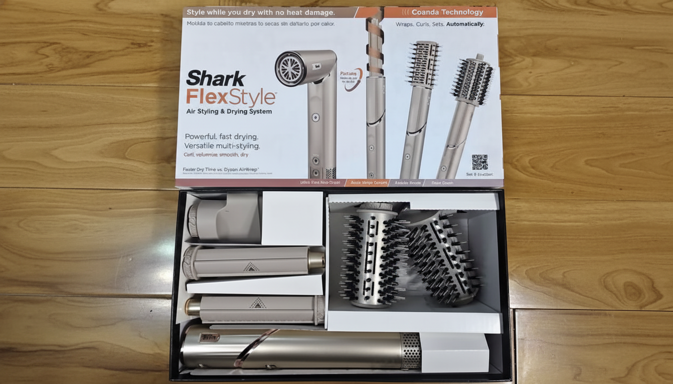 A Shark FlexStyle Air Styling & Drying System box is open, revealing the main device and various attachments for styling hair.