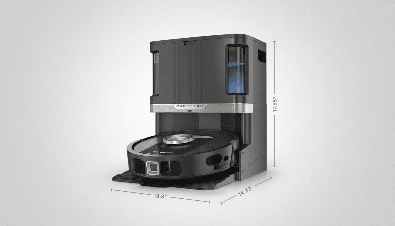 A black robotic vacuum cleaner with a self-emptying base, shown with dimensions, against a professional gray background with a subtle geometric pattern.