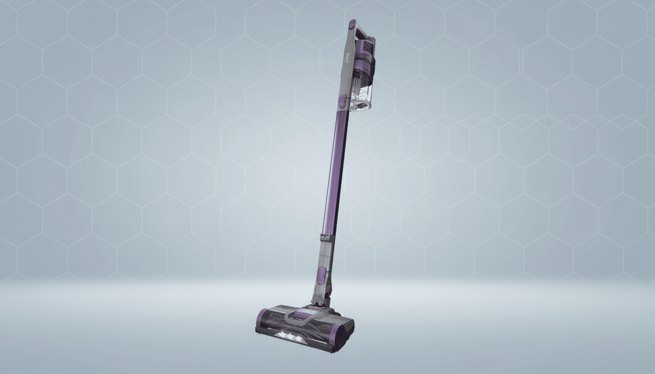 A purple and gray Shark cordless stick vacuum cleaner is centered on a light gray background with a subtle hexagonal pattern.