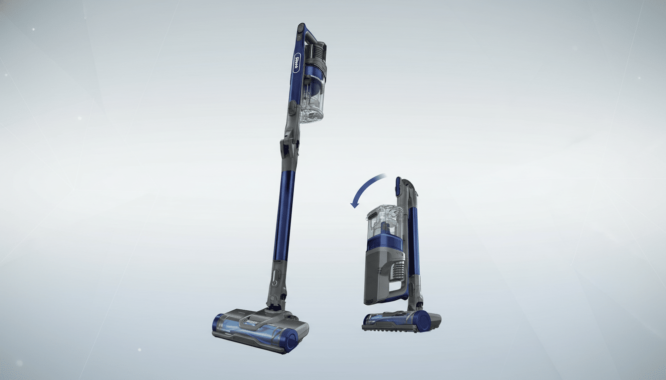 A blue and gray Shark cordless vacuum cleaner shown in two configurations: upright and folded for storage, against a professional light gray background with subtle patterns.