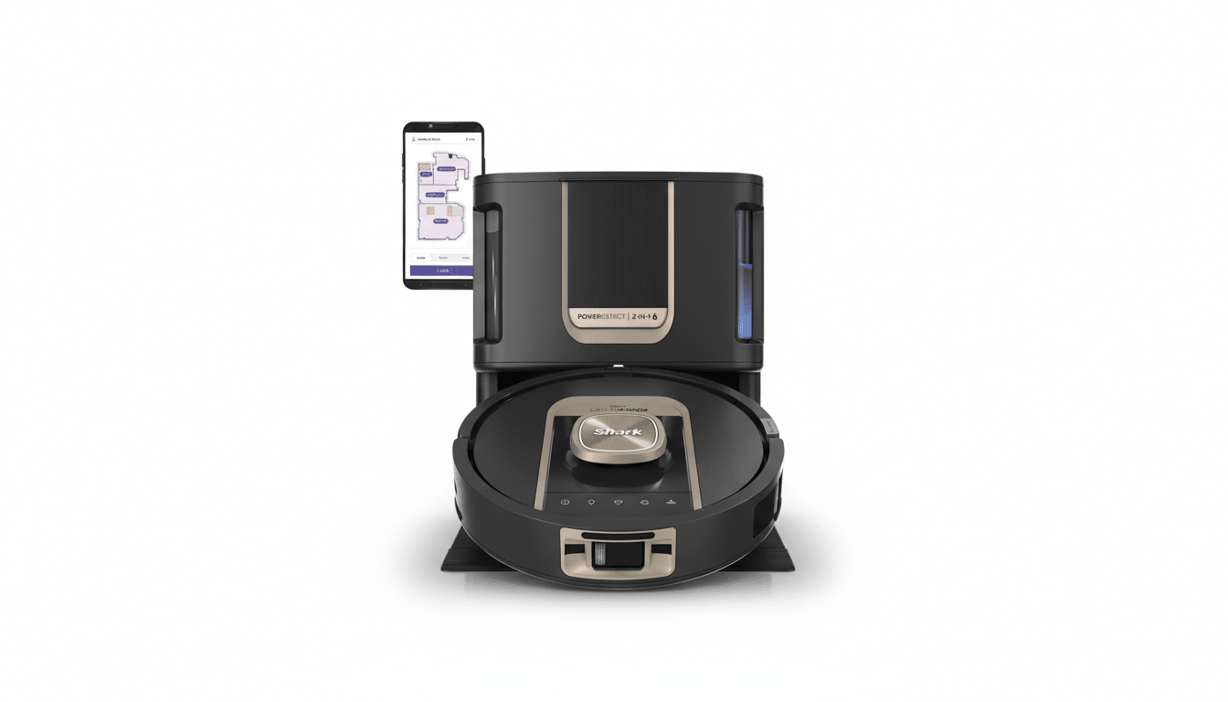 A Shark AI Ultra Robot Vacuum with a self-empty base and a smartphone displaying the SharkClean app with a home map.