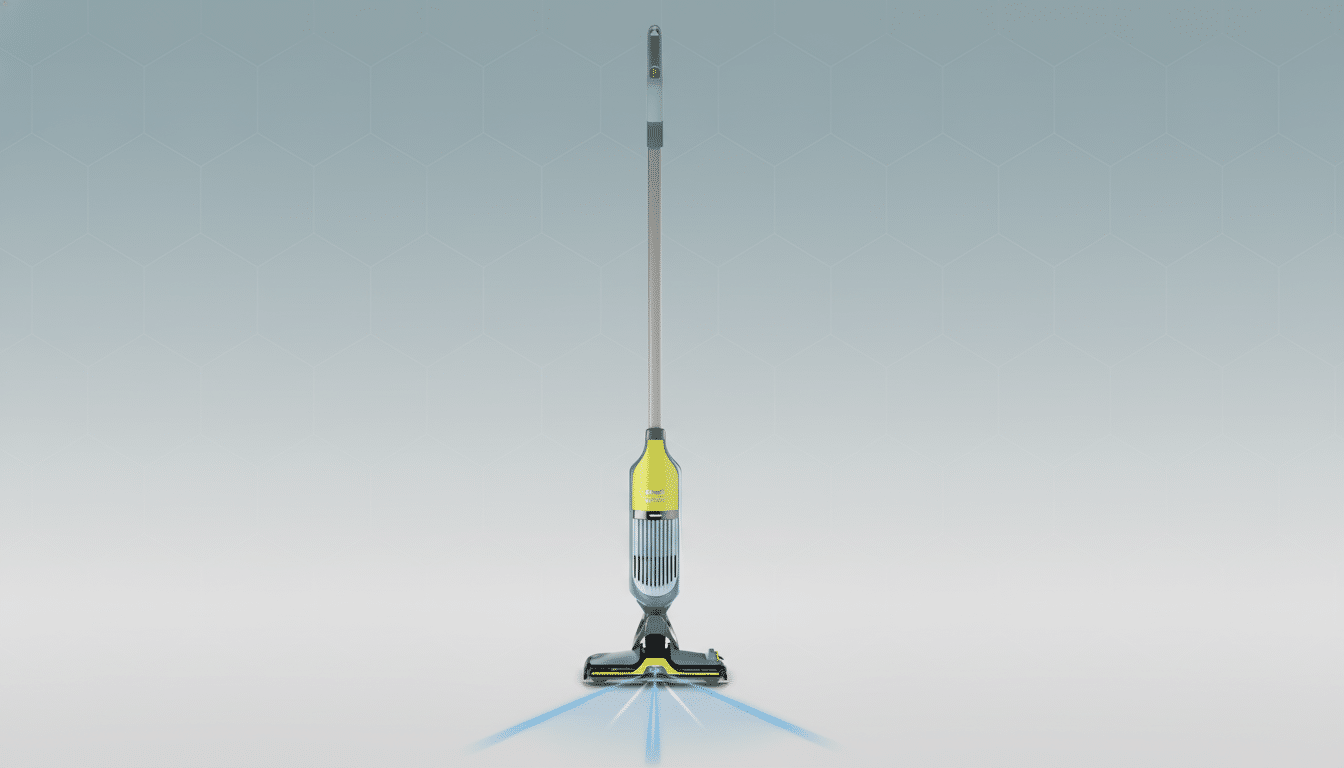 A Shark HydroVac vacuum cleaner with blue light emanating from its base, set against a professional flat design background with soft hexagonal patterns.
